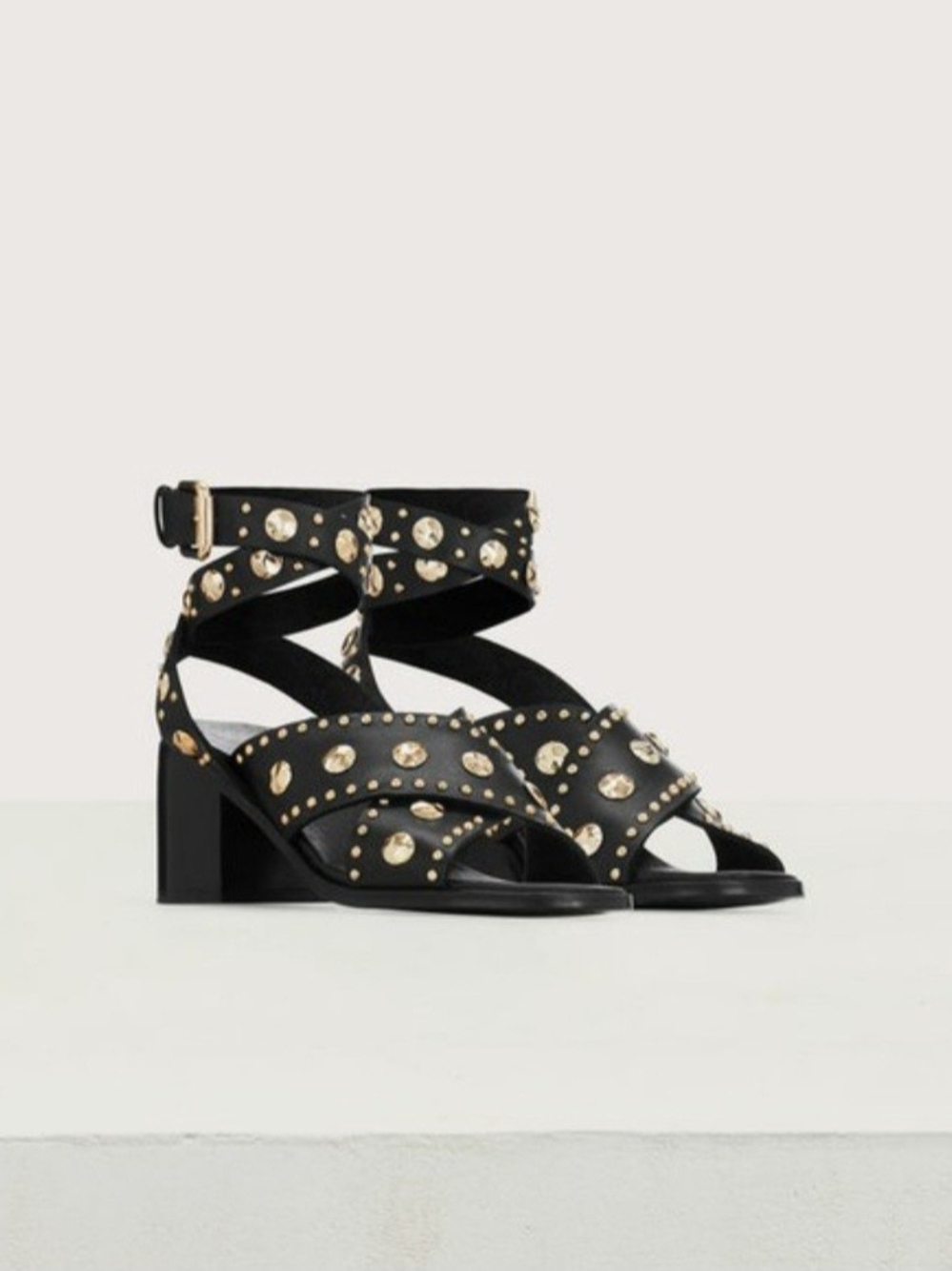 Maje Black Leqther Studded Block Heel Sandals